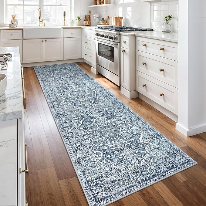 KUTA Vintage Runners for Hallways 2.6x10 Non-Slip, Blue White Washable Kitchen Rug Ultra Soft Printed Distressed Traditional Medallion Floor Carpet for Bedroom Living Room