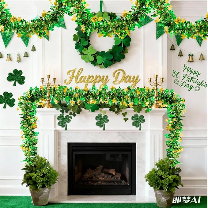 50FT St Patricks Day Garland Gold Green Shamrock Tinsel Garlands, Metallic Streamer Twist Irish Shamrock Garland Decorations for Tree Mantle, DIY Irish St Patricks Day Decorations