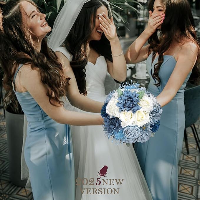 Artificial Flowers Combo Blue Flowers - Mix Silk Flowers Dahlia Roses with Stems ffor DIY Wedding Bouquets Bridal Shower Centerpieces Floral Arrangements Party Tables Home Decorations.