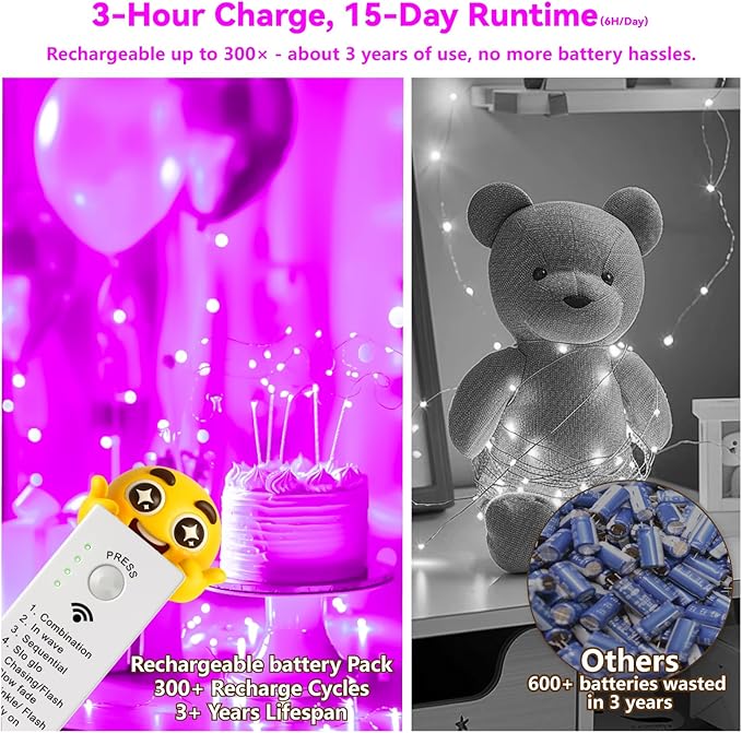 ZSJWL Rechargeable Fairy Lights with DIY Timer & 8 Modes, 16FT 50LED String Lights Battery Operated Indoor, Twinkle mini Lights for Bedroom Christmas Wedding Centerpiece Decor (Pink)