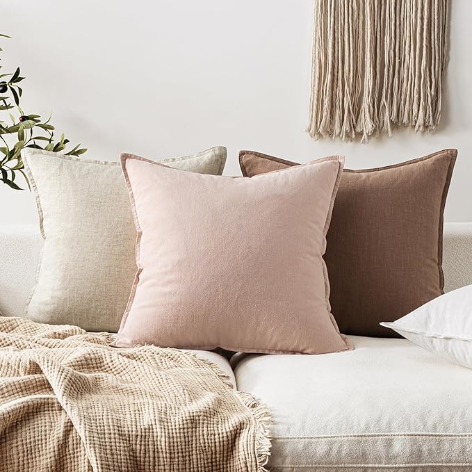 EMEMA Throw Pillow Covers Decorative Linen Pillow Covers 18x18 Inch Pink Boho Farmhouse Neutral Couch Throw Pillows for Bed Pack of 2 Accent Pillowcase Modern Sofa Cushion Livingroom Home