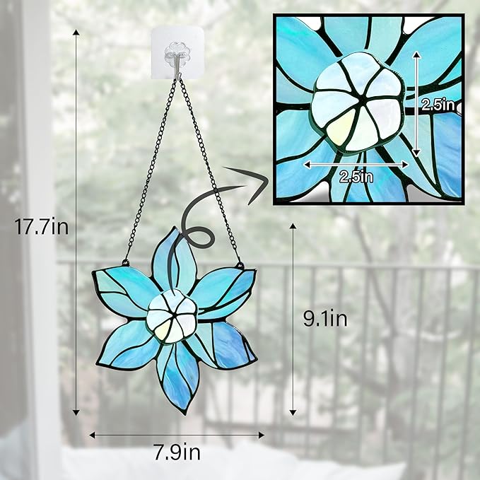 Stained Glass Window Hanging - Blue Christmas Flower Suncatcher for Doors Garden Kitchen Floral Sun Catchers Home Decor Birthday Holiday for Women Aunt Mom Nana Gardener