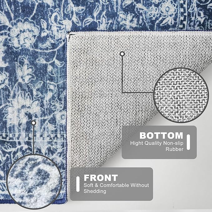 KILOCOCO Runner for Hallway 3x12 Runner Rug Printed Vintage Floral Washable Rug Kitchen Runners Soft Non-Slip Low Pile Hallway Runners Laundry Room Distressed Boho Rugs, Blue