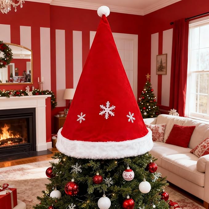 EssenceHome Giant Red White Snowflake Fabric Christmas Tree Topper Hat, Classic Indoor Outdoor Santa Hat Tree Decoration for Holiday Season, 2.4ft x 2.8ft