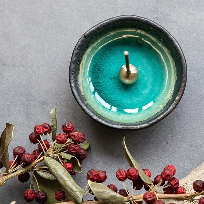 Asayu Japan Small Mini Incense Holder for Sticks, Nature Aquamarine Color, 3.3 inch (83mm), Made in Japan Ceramic Ash Catcher & Brass Incense Burner Set for Relaxation, Meditation, Office & Home Decor