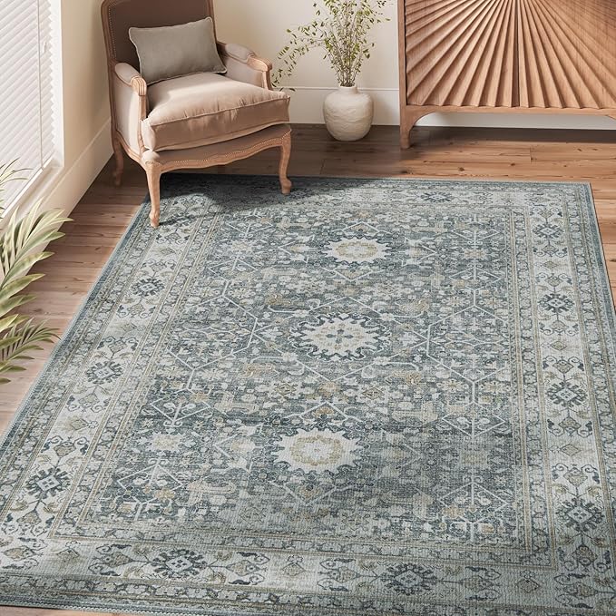 jinchan Area Rug 5x7 Washable Living Room Rug Vintage Distressed Gray Multi Floral Floor Cover Indoor Mat Retro Carpet Bedroom Kitchen Office Farmhouse Grey