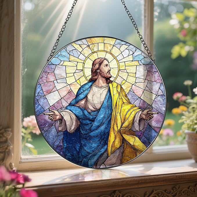 8'' Jesus Christ Stained Glass Suncatcher, Stained Glass Window Hanging, Christian Religious Decor, Christmas Ornament, Easter Resurrection Gifts, Christian Gift, Religious Gift