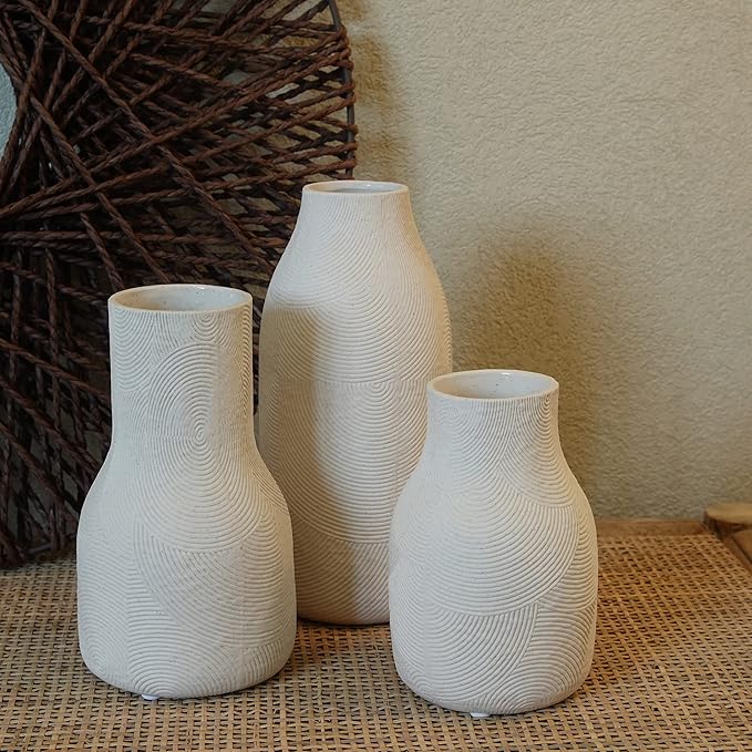 Ceramic Vases for Home Decor - Matte White Textured Vase Set of 3, Decorative Vases for Flowers, Pampas Grass Arrangement, Table Centerpieces, Office and Living Room Boho Decor