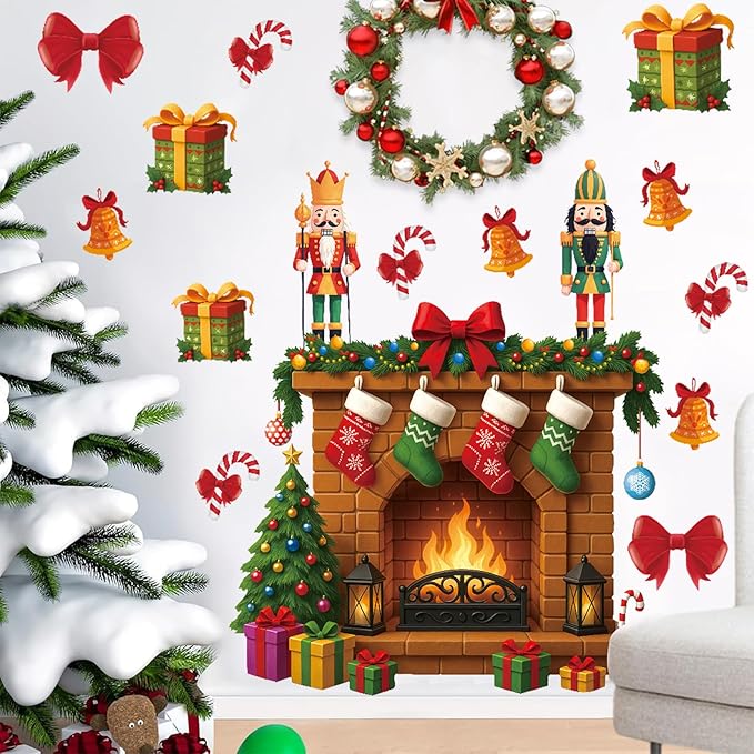 Large 3D Christmas Wall Decals,Christmas Fireplay Wall Sticker Nutcracker,Xmas Fireplace Wall Decoration,Fireplace Backdrop Decor,Winter Xmas Gift Nutcracker Decals for Home Living Room