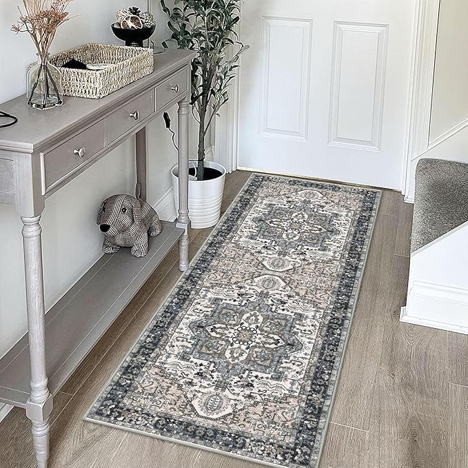 KOZYFLY Runners for Hallways 2x5 Ft Washable Kitchen Runner Rug Boho Runner Rug for Entryway Indoor Printed Oriental Faux Wool Floor Carpet Runner for Laundry Room Kitchen Hall, Black/Taupe/Beige