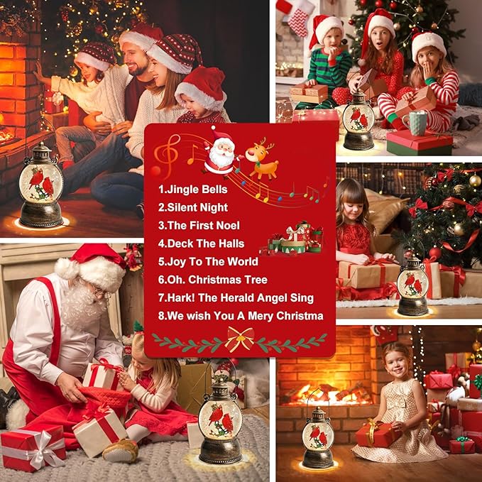 Christmas Cardinal Snow Globe 10.4In High, Cardinal Musical Snow Lantern Globe Lights with 6 Hour Timer and Batteries Powered,Retro Style Holiday Glitter Globe for Xmas Home Decoration and Santa Gifts