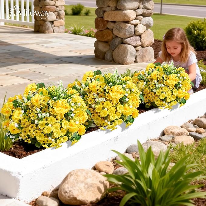 16 Bundles Artificial Flowers for Outdoors, UV Resistant Silk Faux Flowers for Outside Planters,Garden,Porch,Yard,Home Decor(Yellow)