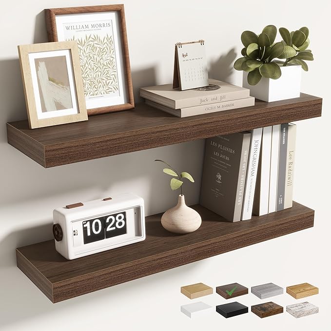 24 Inch Floating Shelves for Wall 2 Pack, 24" Wall Shelves for Books, Storage, Decor, Wall Mounted Floating Shelf with Invisible Brackets for Kitchen, Living Room, Walnut