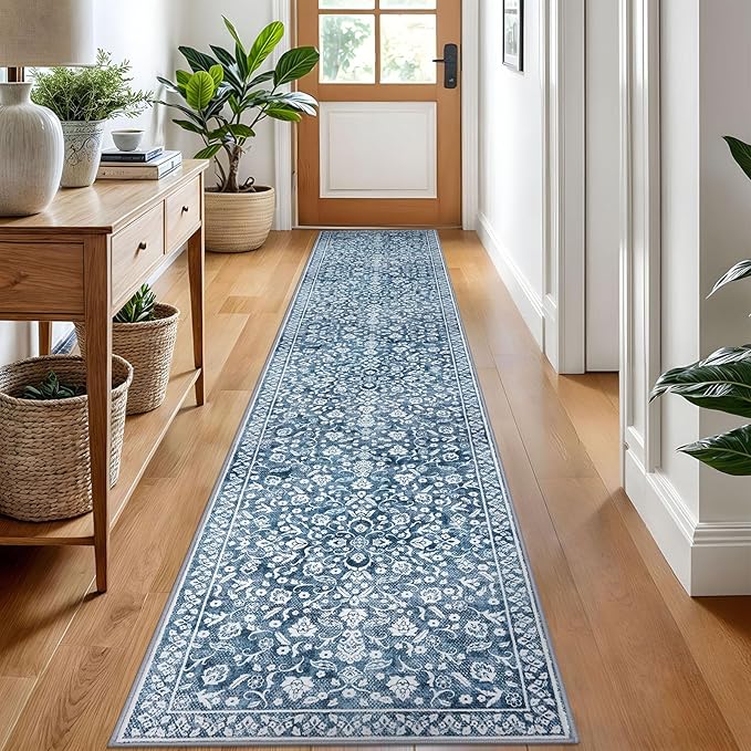 Vintage Runner Rugs for Hallway 2x10, Blue and White Washable Long Hallway Runner Rug Non Slip, Super Soft Kitchen Runner Rug, Print Faux Wool Floral Thin Carpet Hall Runner