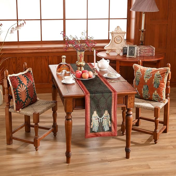patdrea Designer Mysterious Oil Painting Figures Velvet Table Runner, Brown Green with Palm Frond Pattern Table Mat, Decoration for Kitchen Dining Coffee Table Cabinet Banquet Thanksgiving,12"*118"