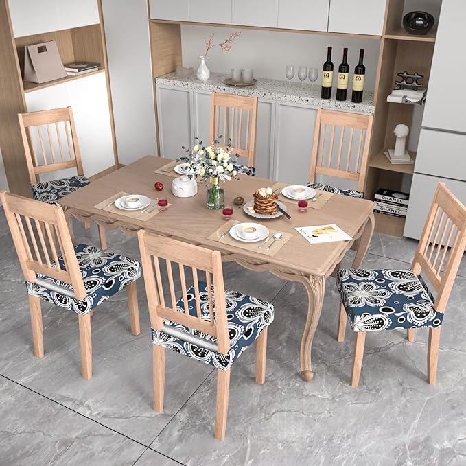 Stretch Dining Chair Seat Covers Set of 6,Dining Chair Slipcovers, Floral Printed Chair Covers,Soft Fabric Washable Upholstered Chair Seat Protector, No Rear Covers for Home Kitchen Dining Room
