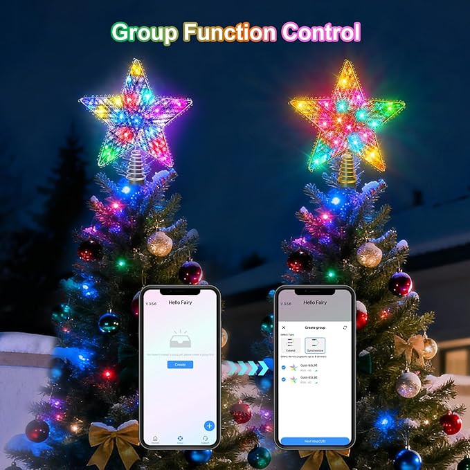 Christmas Tree Star Topper, LED Tree Decorations, UL Certified Colorful Star Tree Topper Lights for Home Garden USB Plug in Xmas Tree New Year Holiday, APP and Remote Control, DIY Dimmer(Gold)