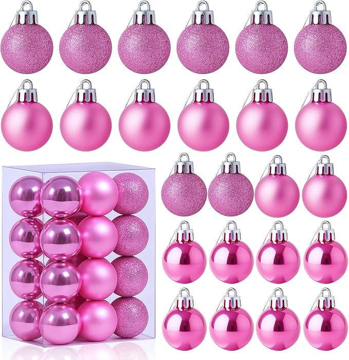 24 Pack Mini Shatterproof Christmas Balls - Small Hanging Ornaments for Trees Christmas Party Decorations, 1.2 Inch (Pink)