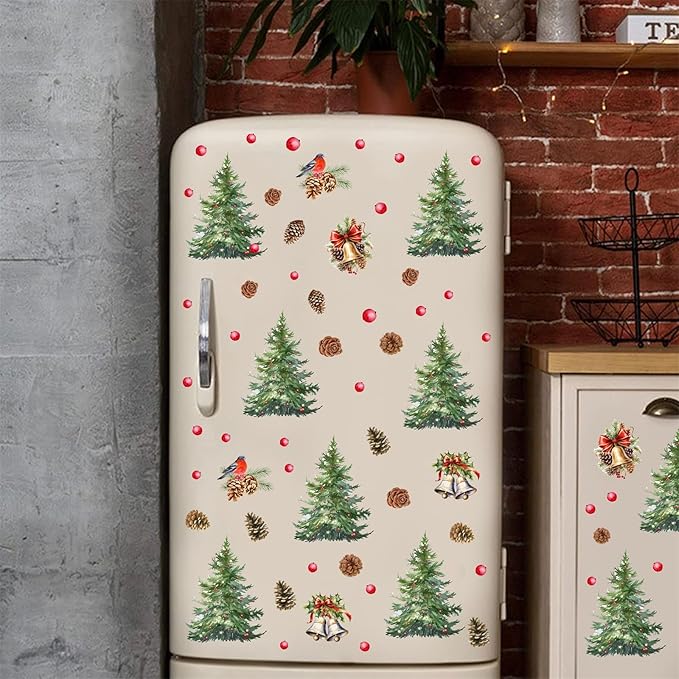 Pine Tree Wall Stickers Watercolor Christmas Tree Wall Decals Peel and Stick Removable Pine Cones Winter Wall Art Stickers Merry Christmas Bell Decals for Living Room Kids Gift Xmas Party Supply Decor