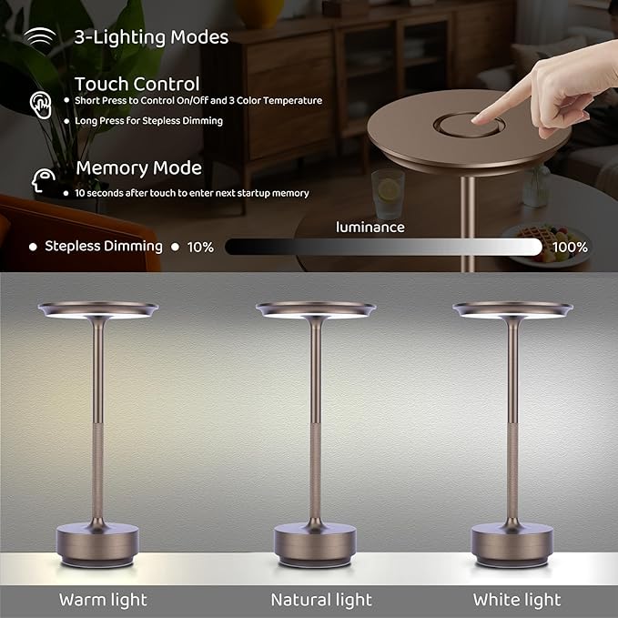 Cordless Table Lamp Rechargeable - 5000mAh Battery Operated LED Table Light with Touch Stepless Dimming - Portable Coffee Metal Outdoor Lamp for Patio, Restaurant, Living Room
