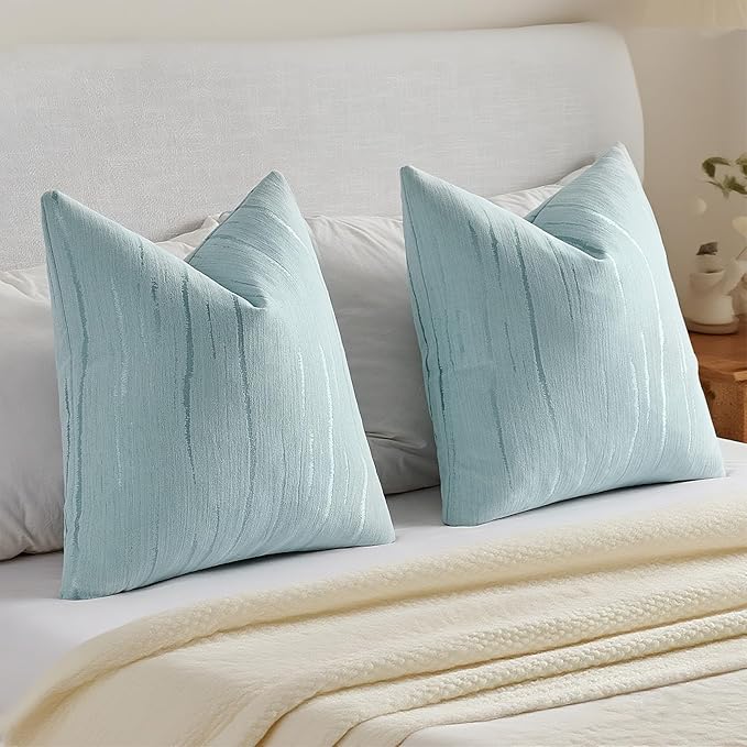 HAUSSY Light Blue Throw Pillow Covers 16x16 Inch Set of 2, Boho Embossed Striped Textured Decorative Pillowcases Soft Chenille Cushion Cases, Modern Home Decor for Couch Bed Living Room