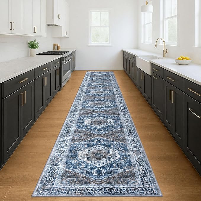 KOZYFLY Runners for Hallways 3x18 Ft Extra Long Washable Kitchen Thin Runner Rug Boho Runner Rug for Entryway Indoor Blue Printed Oriental Faux Wool Stair Floor Carpet Runner for Stair Kitchen Hall