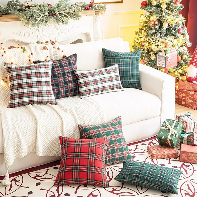 AQOTHES Pack of 2 Christmas Plaid Decorative Throw Pillow Covers Scottish Tartan Cushion Case for Farmhouse Home Holiday Decor Red and White, 16 x 16 Inches