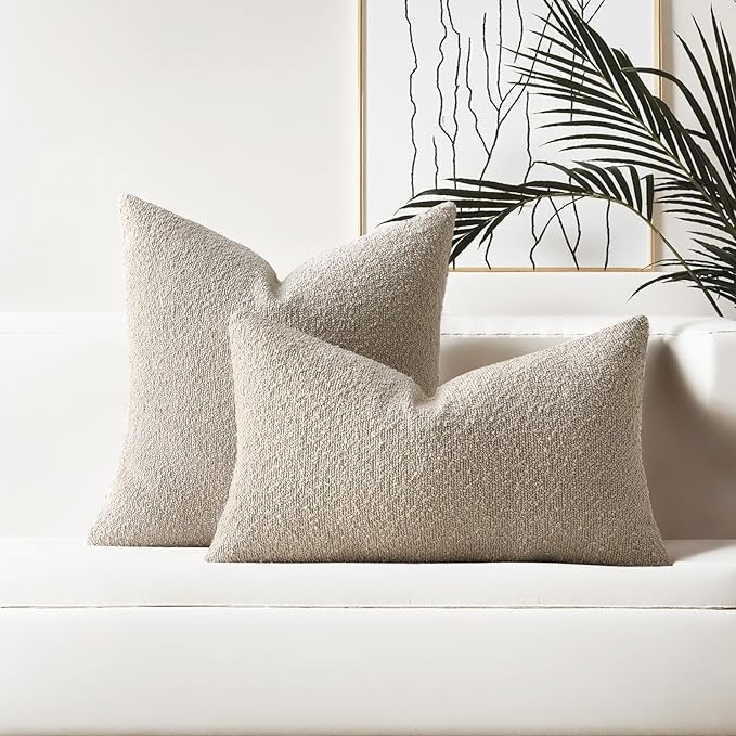 HAUSSY Set of 2 18x18 Decorative Throw Pillow Covers, Soft Cozy Textured Boucle Couch Cases, Home Decor for Couch Bed Living Room, Oatmeal