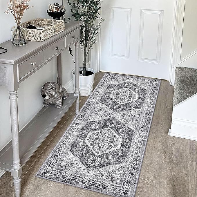 KOZYFLY Runners for Hallways 2x5 Ft Washable Kitchen Runner Rug Boho Runner Rug for Entryway Indoor Printed Faux Wool Floor Carpet Runner for Laundry Room Kitchen Hall, Grey