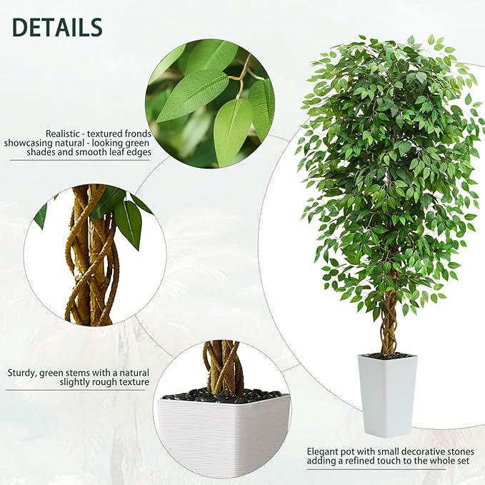 Artificial Ficus Tree 6FT Faux Floor Tree with Planter UV Resistant Potted Fake Silk Plant - Indoor Outdoor Lifelike Fake Ficus Tree for Home, Living Room Bedroom Topiary Tree