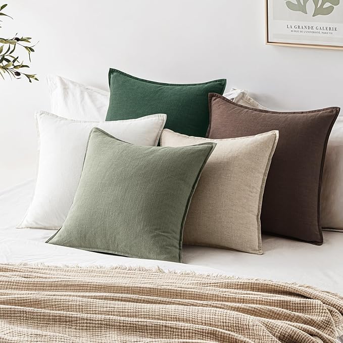 EMEMA Throw Pillow Covers Decorative Linen Pillow Covers 26x26 Inch Light Olive Green Boho Farmhouse Neutral Couch Throw Pillows for Bed Pack of 2 Accent Pillowcase Modern Sofa Cushion Livingroom Home