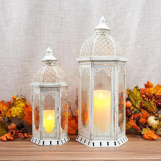 JHY DESIGN Set of 2 Decorative Candle Lanterns 22"&17" H Outdoor Vintage Metal Candle Holder for Garden Living Room Indoor Parties Weddings Patio Home Decor(White with Gold Brush)
