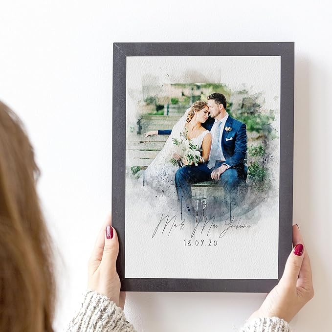 Watercolor Couple Portrait from Photo, Boyfriend Gifts, Girlfriend Gifts, Custom Wedding Anniversary for Wife Husband, Engagement Gift, Painting Picture Frame Canvas Wall Art, Valentines Day