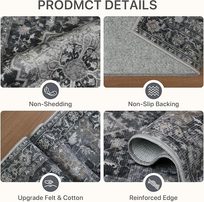 5x7 Area Rugs for Living Room, Machine Washable Rug, Non Slip Vintage Rugs, Low Pile Lightweight Print Rug for Bedroom, Dining Room, Home Office, Dark Gray