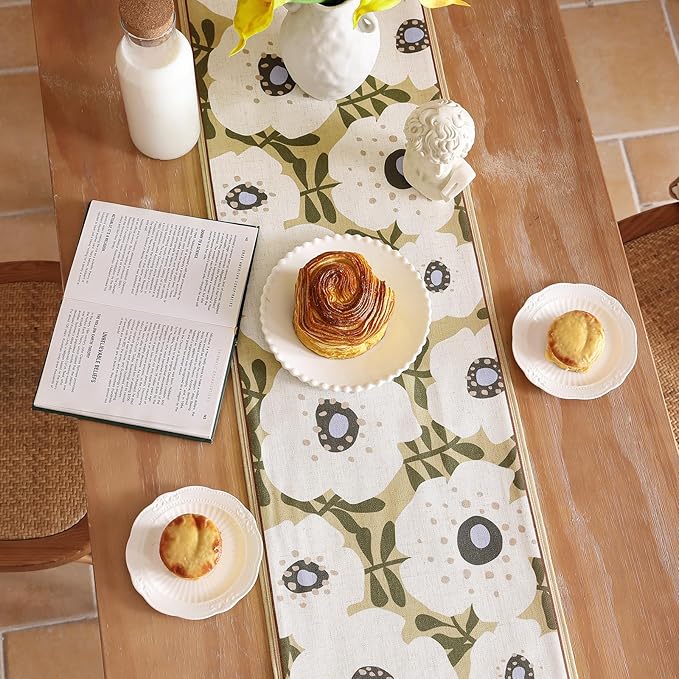 Rectangle White Flower Table Runner 118 Inches Long,Vintage Rustic Farmhouse Linen Floral Table Runners,Fall Decorations for Home Thanksgiving Christmas Party.12"*118"-Hidaka