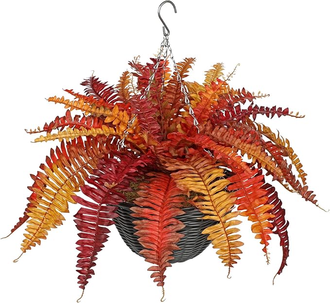 Hollyone Fall Artificial Fern Fall Hanging Baskets Outdoor Indoor Silk Plant Boston Ferns Autumn Potted Plants with Black Rattan Pot for Fake Fern Bush Plant Patio Garden Farmhouse Home Decor Orange