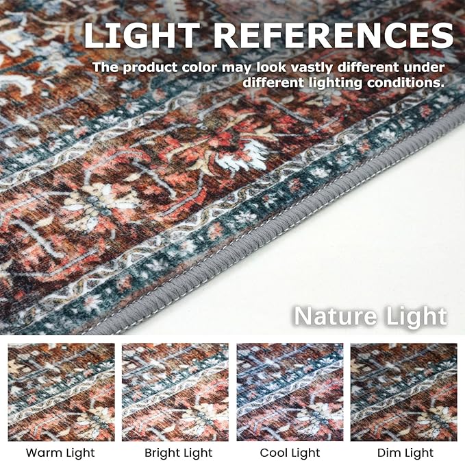 KOZYFLY Boho Area Rug 5x7 Ft Thin Rugs for Living Room Washable Bedroom Rug Non Slip Rugs Printed Faux Wool Vintage Bedroom Rug Floor Carpet for Dining Room Living Room, Brick Red/Orange/Green