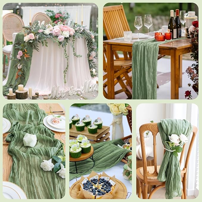 12PCS Table Runner Cheesecloth 10FT Sage Green Boho Gauze Cheese Cloth Rustic Sheer Table Runners for Wedding Bridal Baby Shower Party Decoration