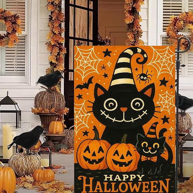 Halloween Garden Flag Black Cat Pumpkin Double Sided 12x18 Inch Trick Or Treat Fall Outdoor Flag Spooky Ghost Spider Web Sign for Lawn Yard Porch Party Seasonal Holiday Halloween Decoration