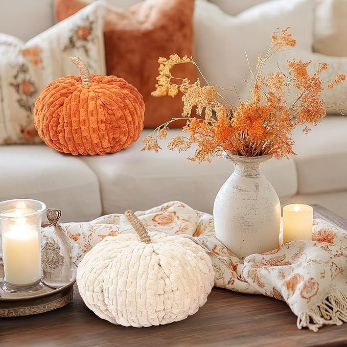 2pcs Faux Pumpkins Fall Harvest Fabric Plush Pumpkin Thanksgiving Halloween Decor for Table Centerpiece Farmhouse (Beige/Orange)