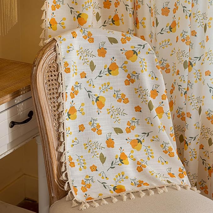 OYX Yellow Boho Pattern Floral Curtains 84 Inch Length 2 Panels for Living Room, Bedroom Light Filtering Drapes, Vintage Country French Tassels Patterned Rod Pocket Aesthetic Decor Window Treatments