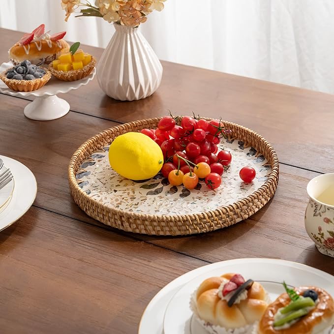 StorageWorks Decorative Coffee Table Trays for Home Decor, Round Rattan Tray with Mother of Pearl Inlay, Small Wicker Woven Serving Tray Decor for Kitchen Counter, Living Room and Ottoman, Blue