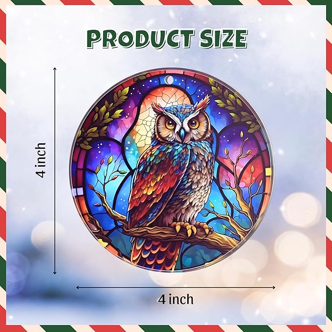 Moonlit Owl Christmas Ornament – Stained Glass Owl Acrylic Tree Decoration – Dated Holiday Decor for Navidad 2025 – Colorful Night Bird Ornament – Christmas Ornaments Clearance