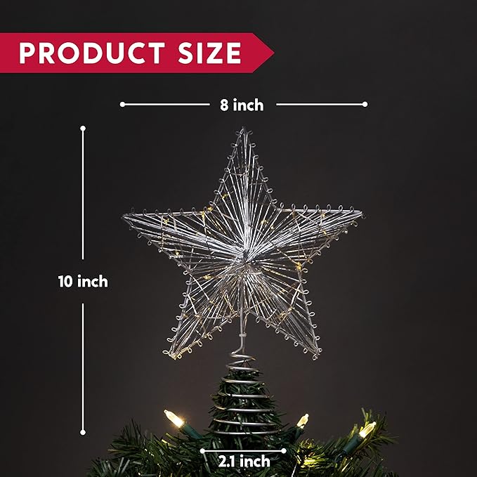 Joiedomi Christmas Star Tree Toppers Silver, 8" Metal Treetop Ornaments Battery Powered with Warm White LED Lights for Xmas Decorations Indoor, Holiday Party Decor