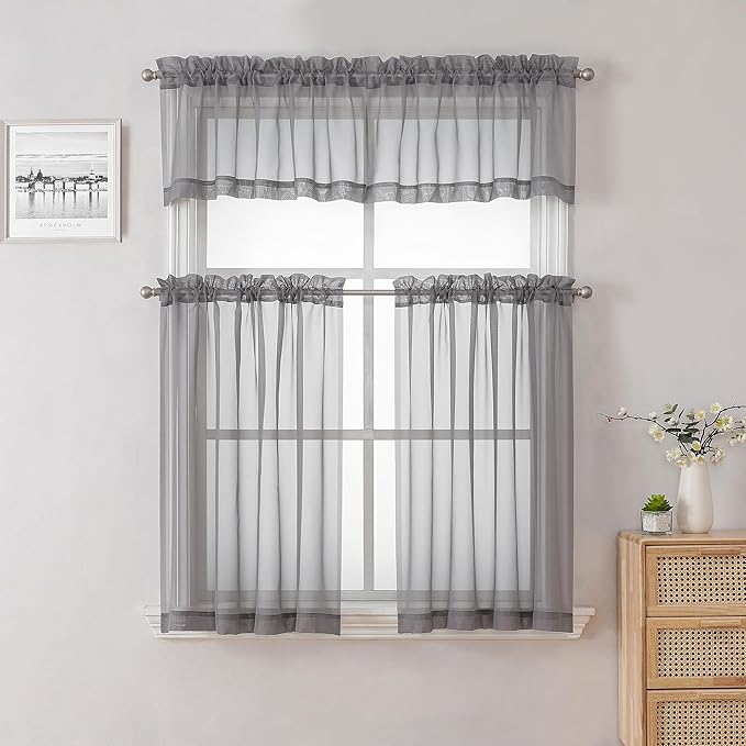 Lecloud Charcoal Grey Sheer Curtains 14 Inch Length 2 Panels Set, Light Reducing Short Window Valances for Living Room Bedroom, Gray Kitchen Curtains with Dual Rod Pockets, 40" W x 14" L