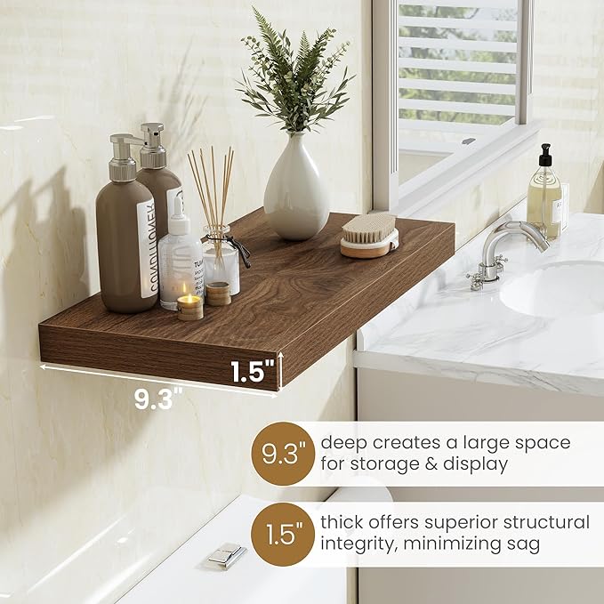 36 Inch Long Floating Shelves for Wall, 9.3 Inch Deep Floating Shelf with Heavy-Duty Bracket, 2 Pack Long Shelves for Bathroom, Living Room, Bedroom, Wall Mounted Storage Shelf for Books Decor, Walnut