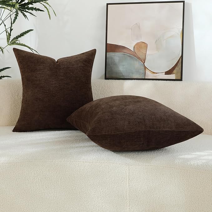 Coffee Brown Chenille Decorative Couch Throw Pillow Covers, Soft Cushion Cases for Home Livingroom Sofa Décor, Pack of 2, 18 x 18 Inches