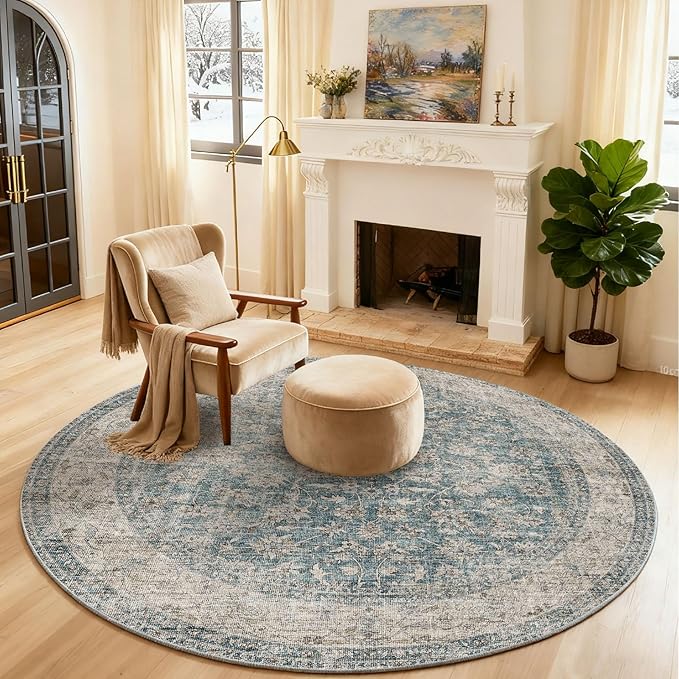4x4 Round Living Room Rug: Washable Bedroom Rug Stain Resistant Boho Rug Non Slip Low Pile Small Carpet for Bedroom Kitchen Entryway Living Room Bedside Office Dorm Kids Room Entrance