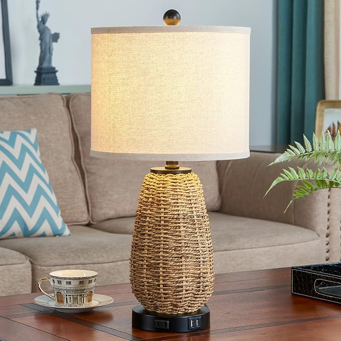 Touch Control Rattan Table Lamp, 3 Way Dimmable Bedside Lamp for Bedroom with 2 USB Ports and AC Outlet, Nightstand Lamps for Living Room(LED Bulbs Included), Grass-1PK