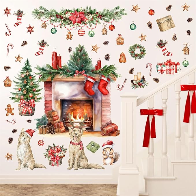 Christmas Wall Decals Merry Christmas Wall Stickers Fireplace Stickers Christmas Pine Tree Decals for Wall Removable Winter Animals Walls Art Decor for Xmas Party Supplies Living Room Home